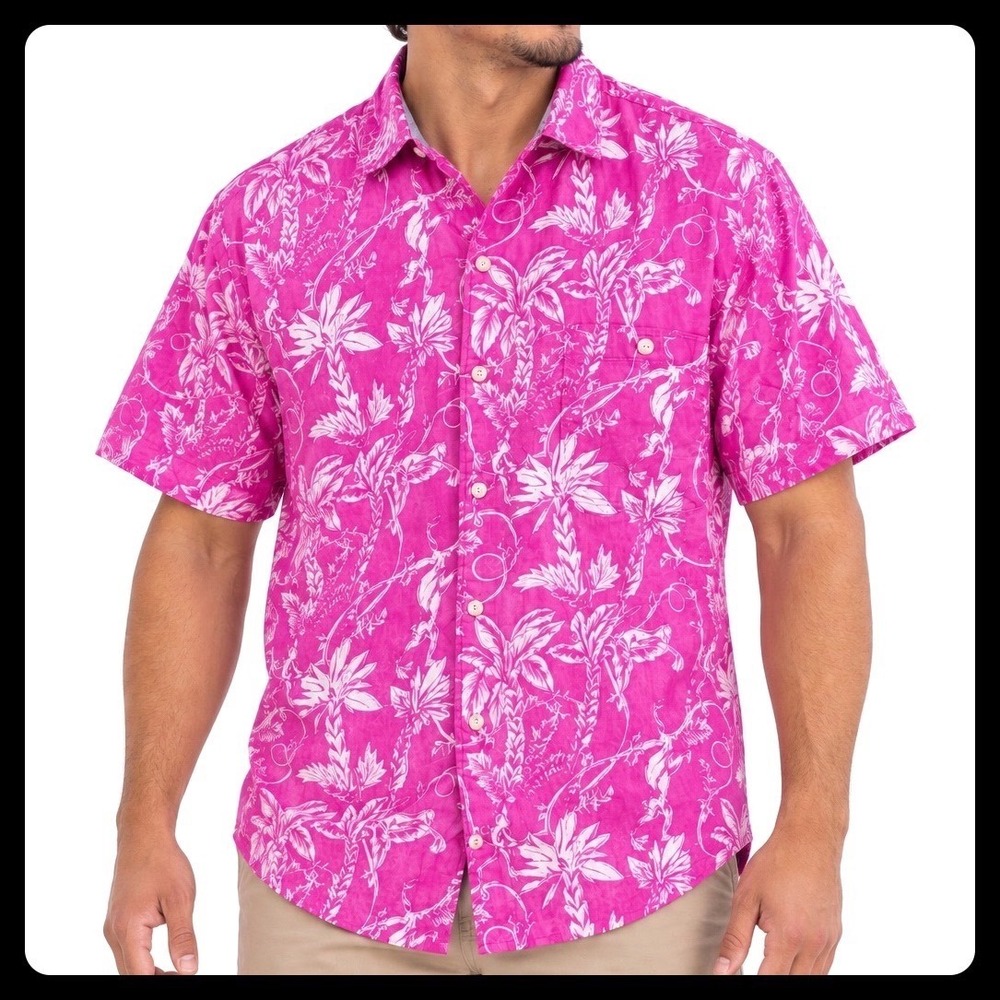 Tommy Bahama Tortola Shirt Mens Medium Pink Tencel Cotton Floral Monkey Hawaiian